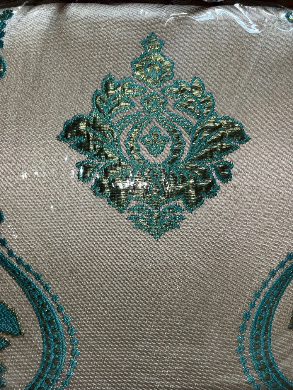 Teal and White Jacquard Curtain Set with Attached Valance
